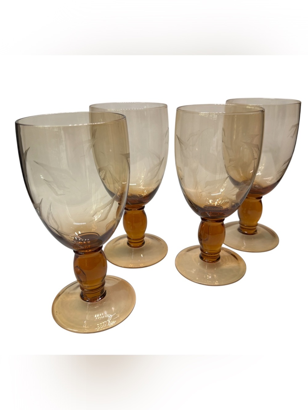 Set of 4 Pier 1 Etched leaf amber water wine glasses 8”
